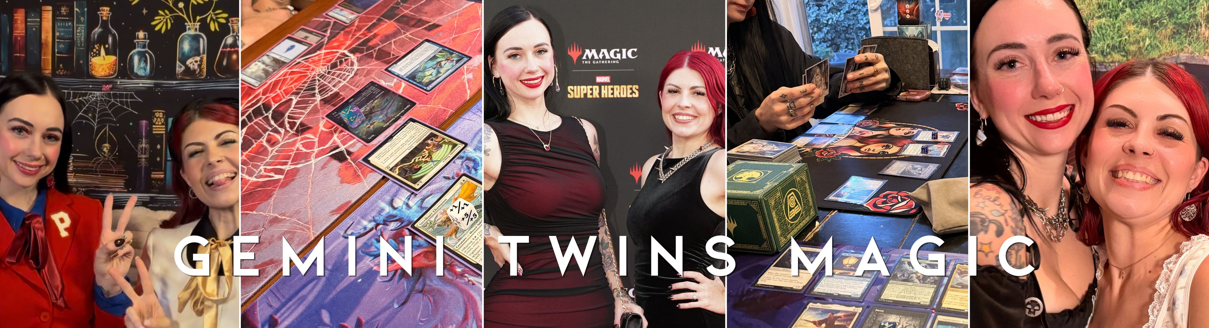 A five-panel collage showing women playing a card game, with cards, a game box, and a central sign reading 'GEMINI TWINS MAGIC'.